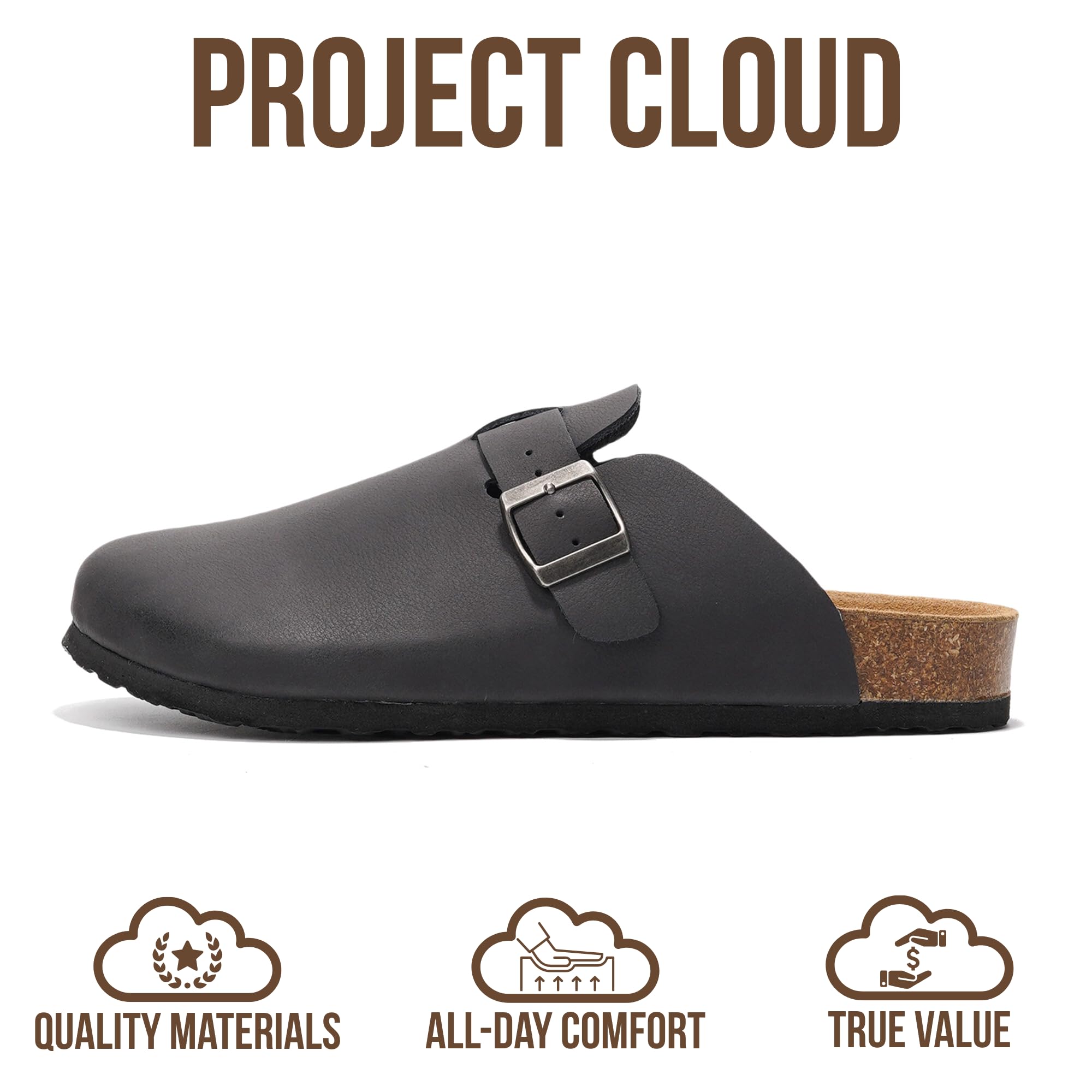 Project Cloud Mens Clogs - 100% Full Grain Genuine Leather Clogs for Men with Memory Foam Insole and Arch Support Natural Cork Footbed - Non Slip Mules Mens Slippers (Brooklyn, BLK, 11)