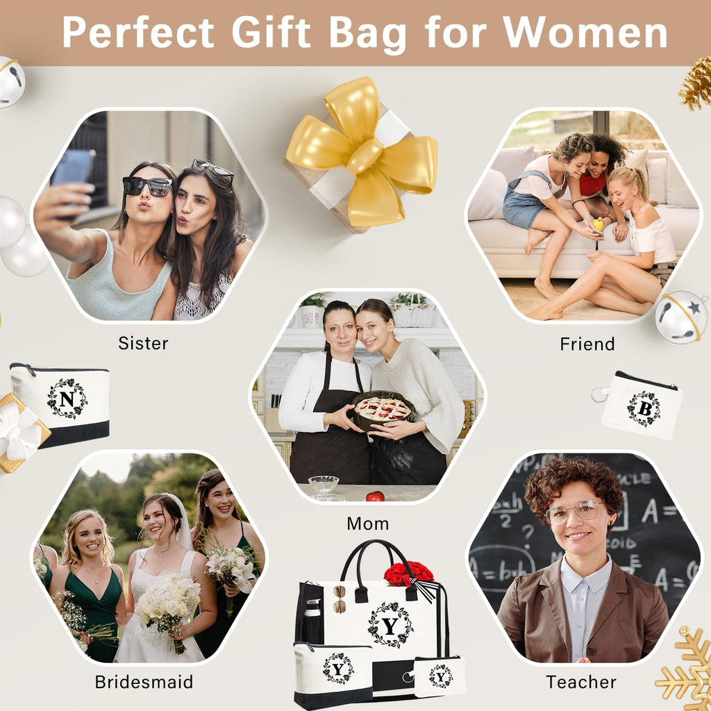 Adoryoung Monogram Personalized Initial Canvas Tote Bags for Women, Double-sided Embroidery Tote Beach Bags Gifts for Women (Y)