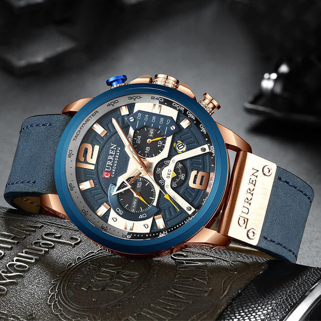 FANMIS Mens Luxury Watches Business Chronograph Dress Waterproof Leather Strap Analog Quartz Wrist Watch (Blue Rose)