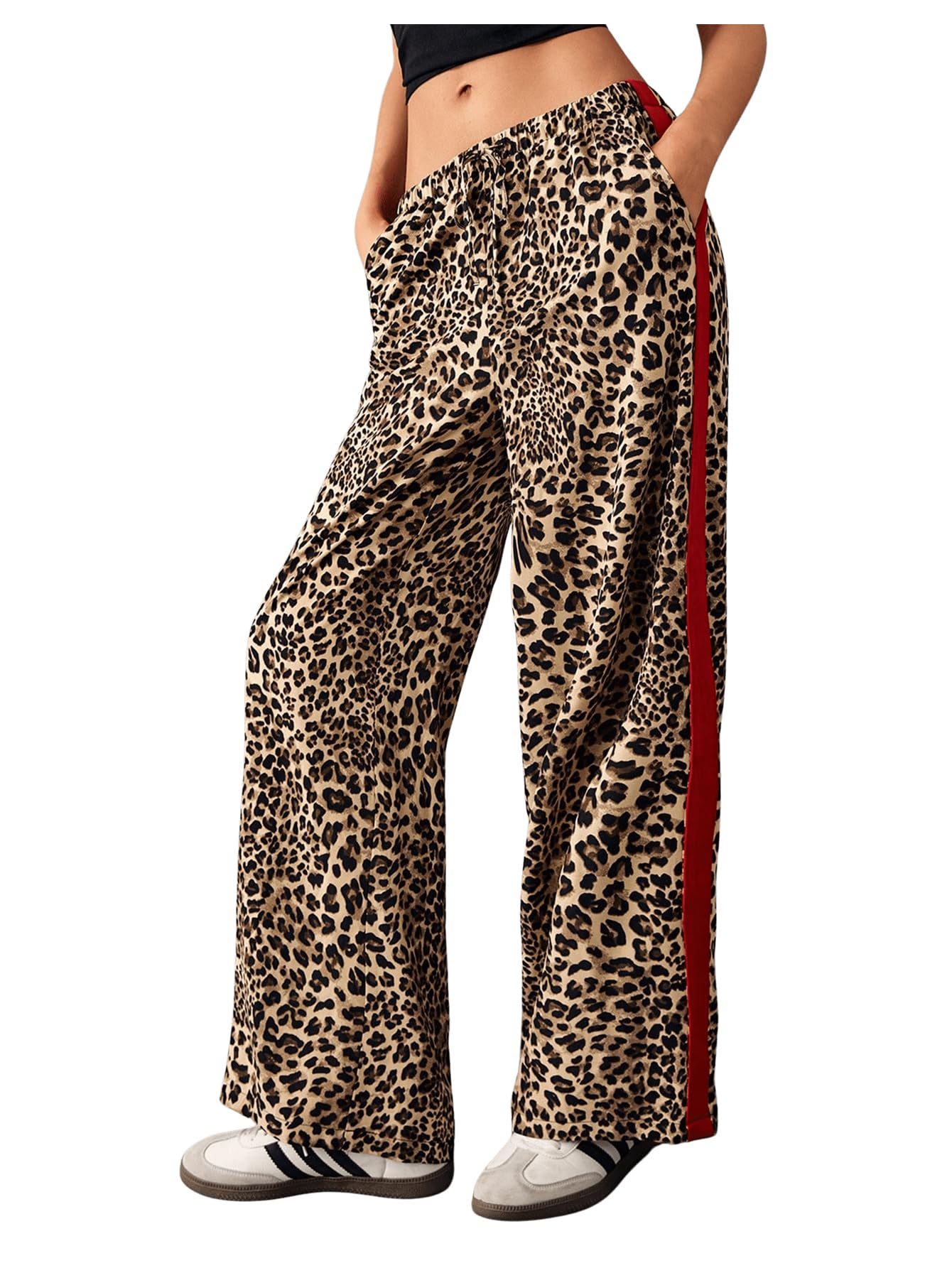 WDIRARA Women's Leopard Print Side Striped Wide Leg Sweatpants High Waisted Drawstring Baggy Pants Brown Medium
