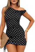 ABMOIU Women's Sexy Off Shoulder Bodycon Mini Dress 2026 Summer Printed Ruched Dresses Party Club Outfits Black Polka Dots X-Small