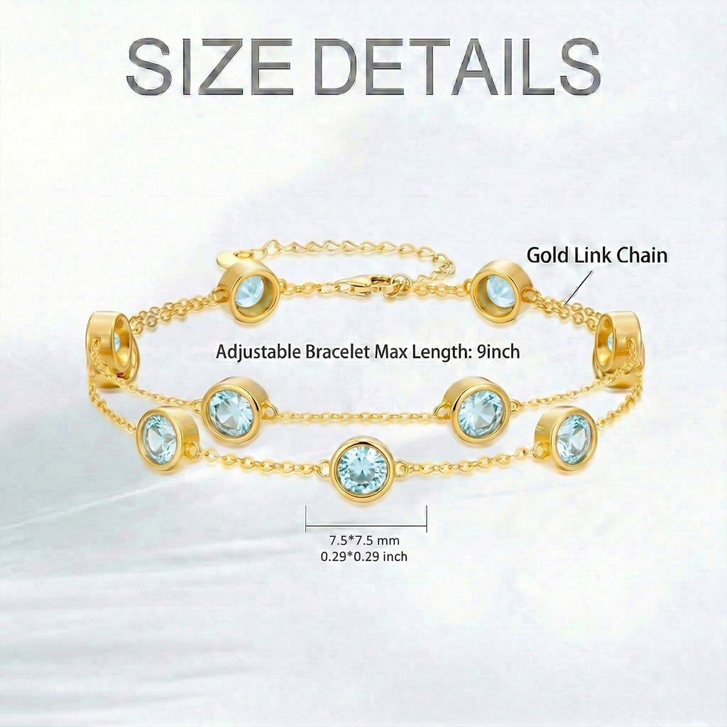 OJK Birthstone Bracelet for Women 14K Gold Aquamarine March Birthstone Bracelet Round Layered Bracelets Anniversary Birthday Jewelry Gifts for Wife Mom Her