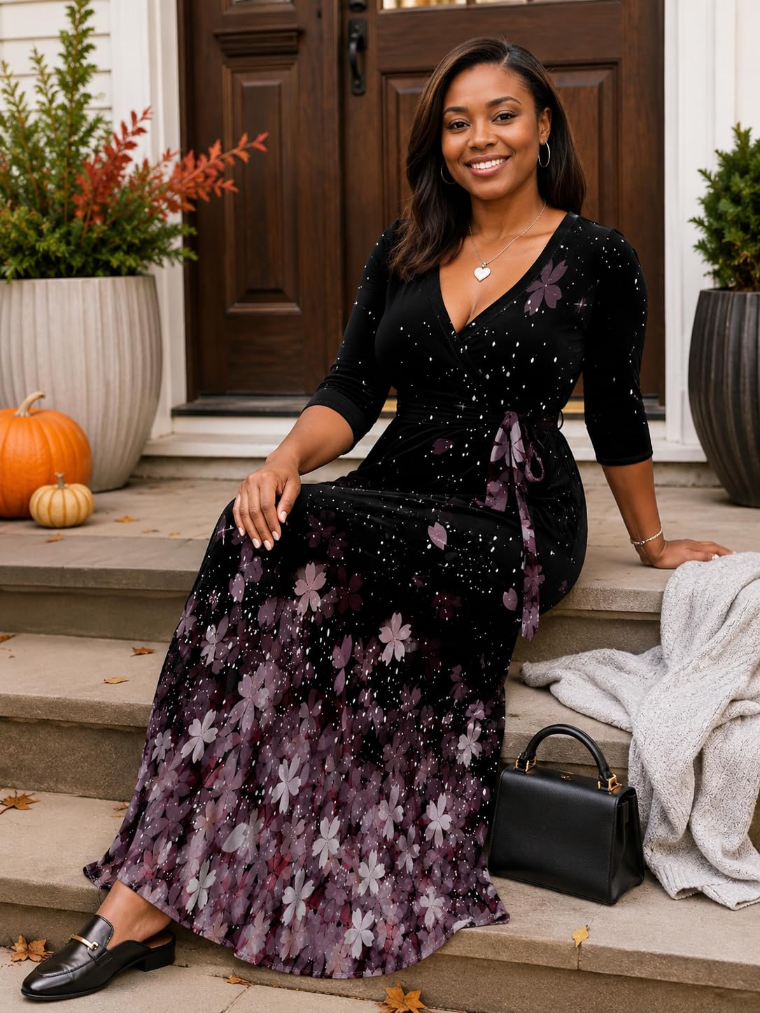 PinkPatty Women's Floral Print Maxi Dress 3/4 Sleeve V-Neck Casual Loose Wrap Tie Waist Long Dress XX-Large