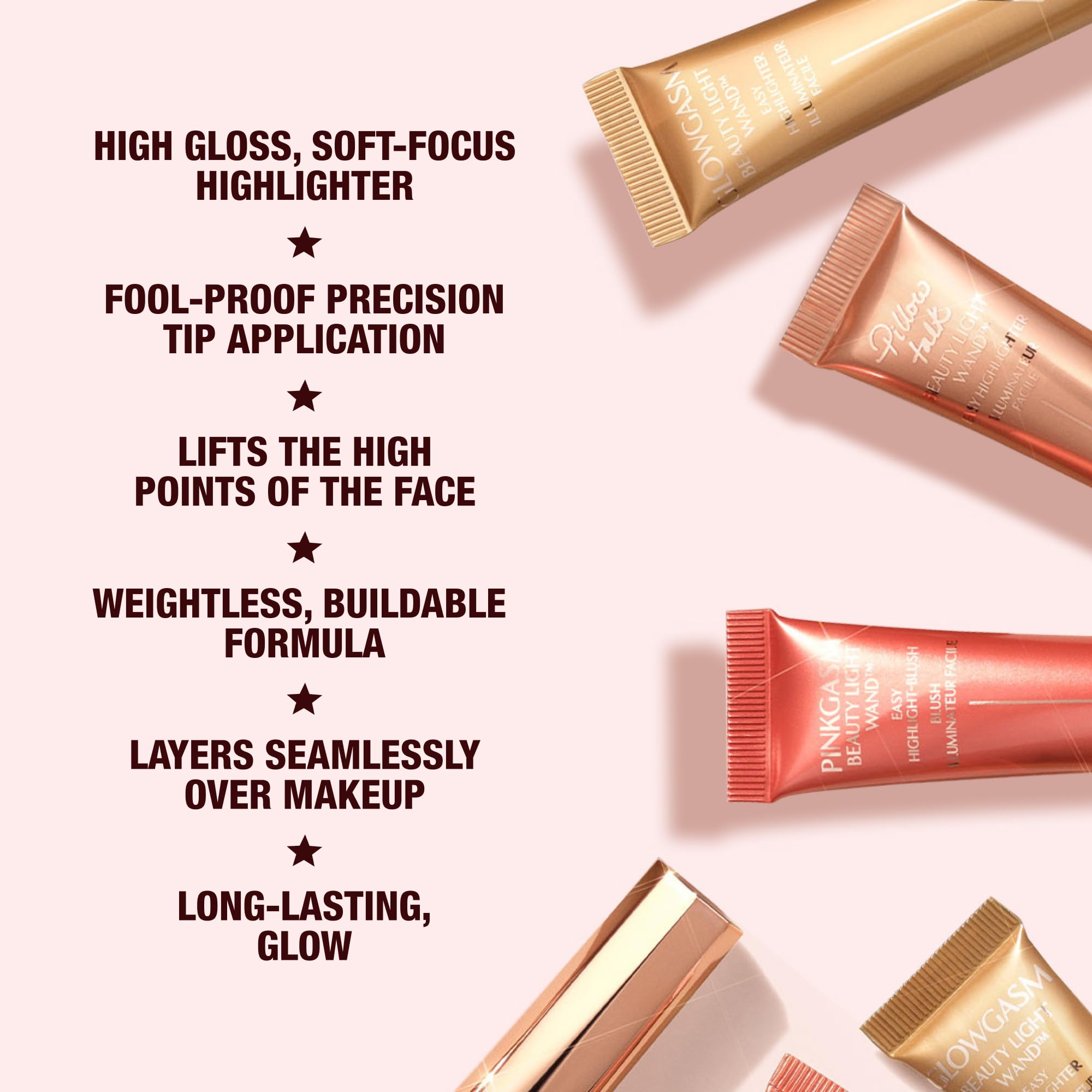 Charlotte Tilbury Glowgasm Beauty Light Wand Liquid Highlighter Makeup - Soft-Focus Pink Highlighter & Blush for Cheeks - Pearlescent, Weightless Radiant Finish - Peachgasm