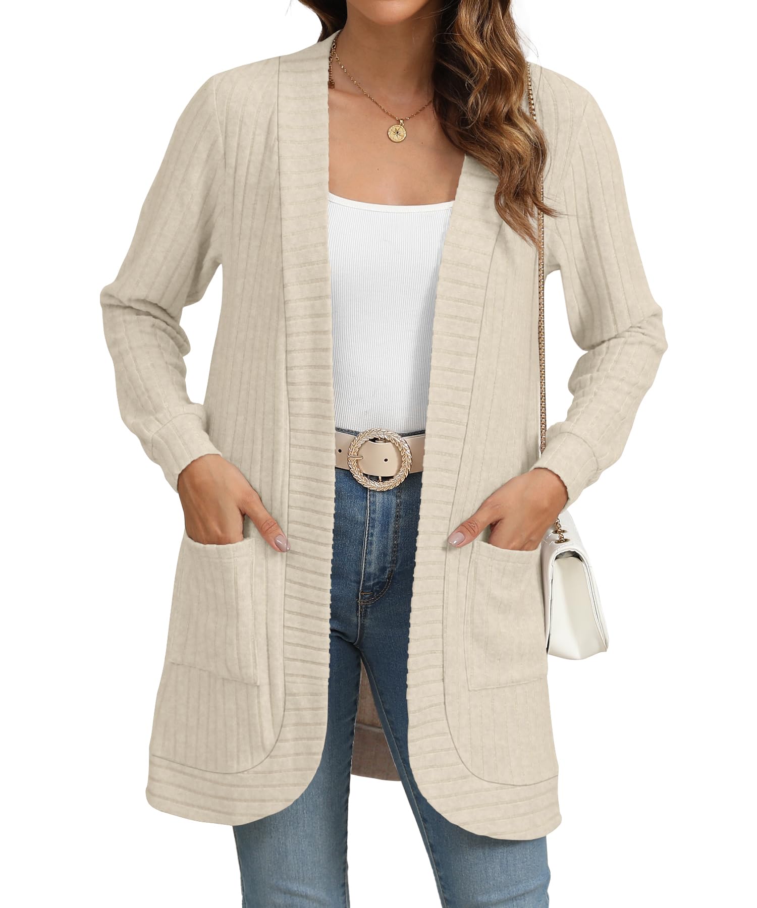 YSYOKOW Women Long Sleeve Open Front Cardigan Casual Lightweight Long Cardigans Loose Knit Outwear with Pockets(Beige, X-Large)
