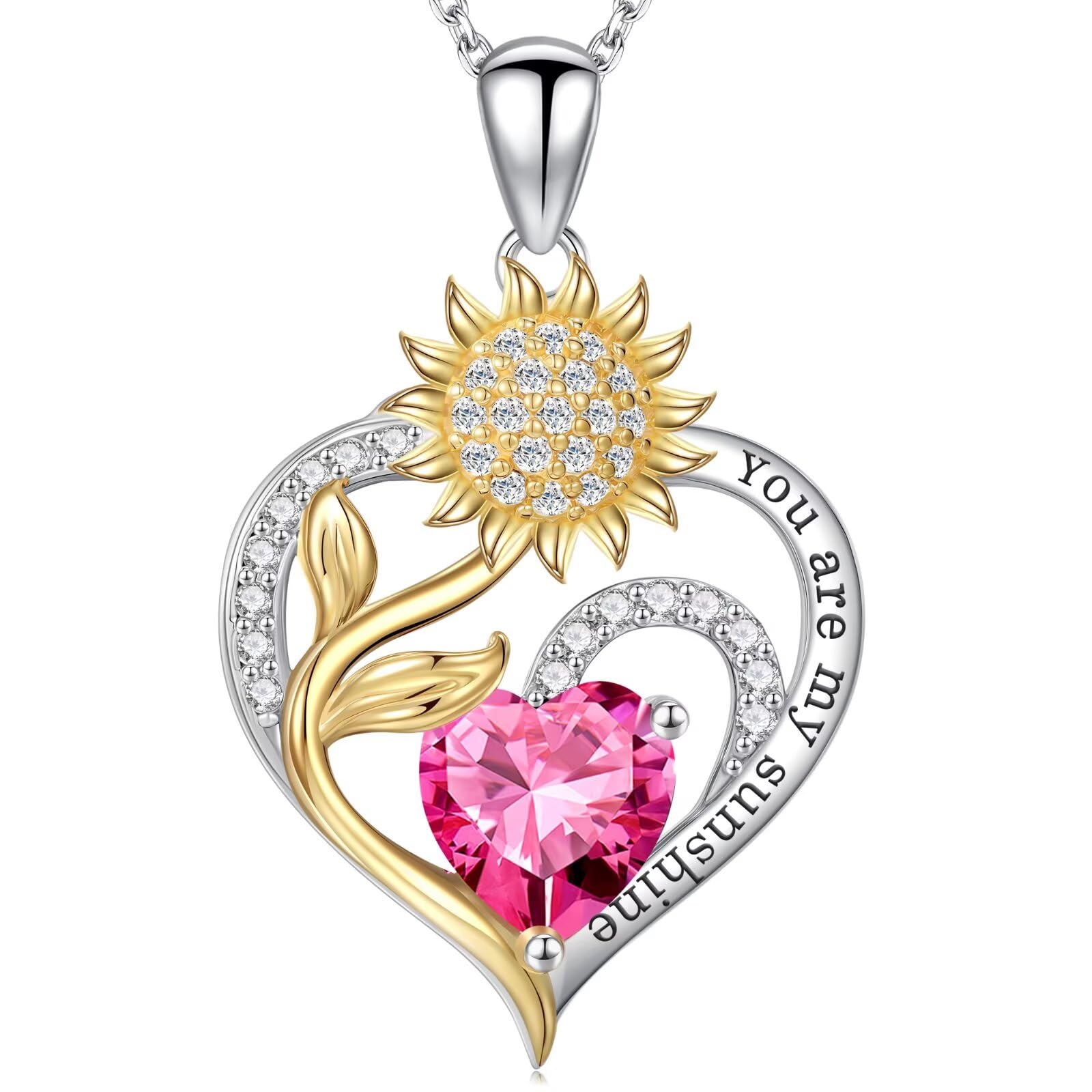 Iefil Sunflower Gifts for Women, Sunflower Necklace, Anniversary Birthday Gifts for Her, You Are My Sunshine Necklaces, October Tourmaline Jewelry, Heart Pendant Birthstone Necklace for Women Wife Mom