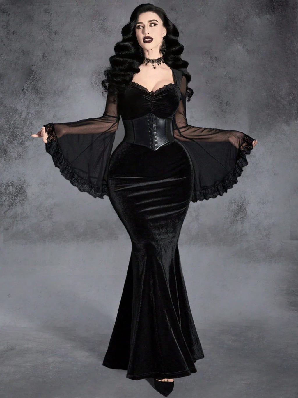 GothDark Women's Goth Dress Black Velvet Mermaid Mesh Bell Sleeve Lace Trim Sexy Vintage Cosplay Party Dresses