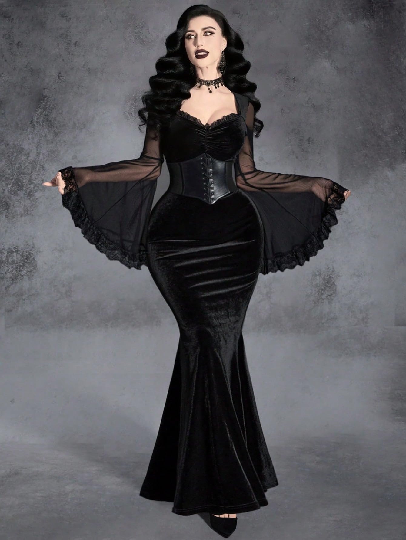 GothDark Women's Goth Dress Black Velvet Mermaid Mesh Bell Sleeve Lace Trim Sexy Vintage Cosplay Party Dresses
