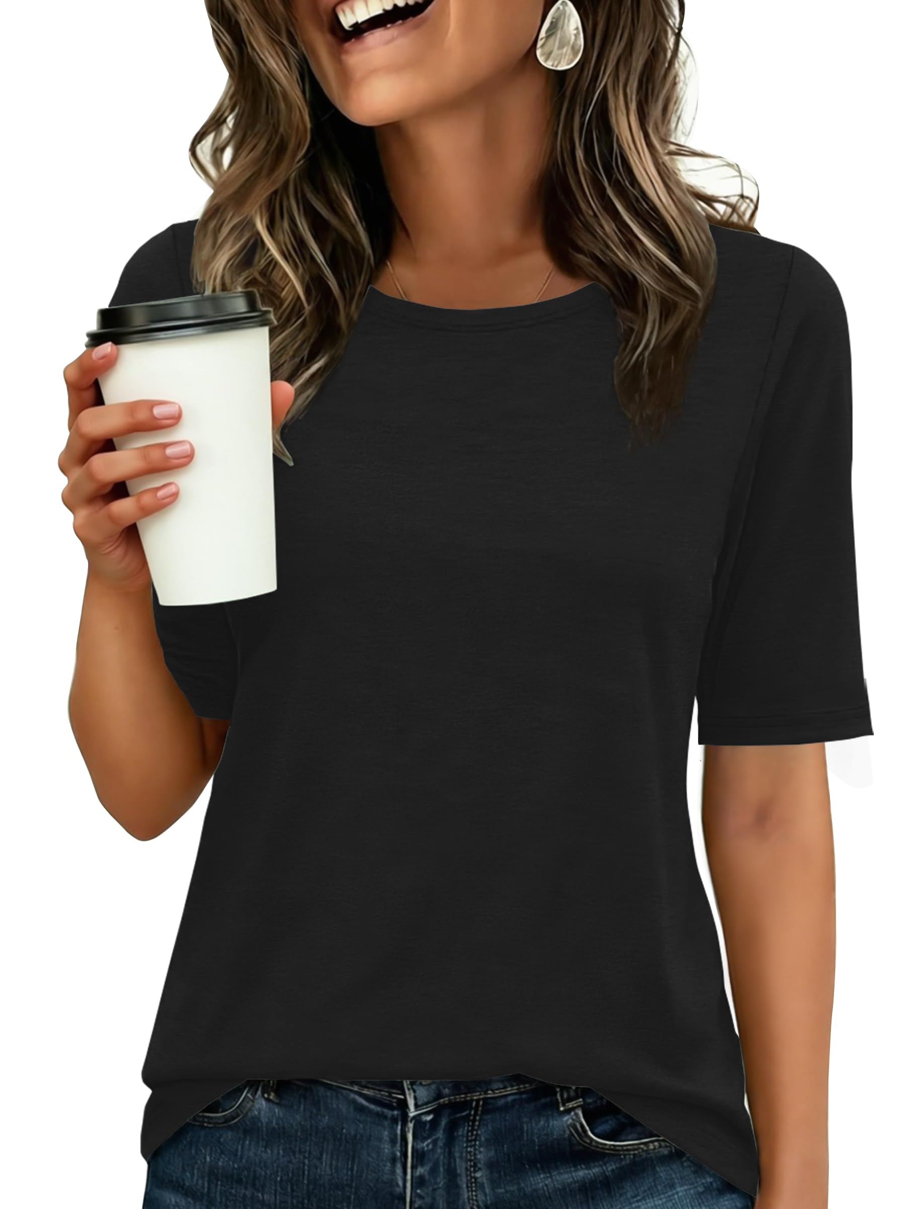ANRABESS Womens Half Sleeve Tops Crewneck Shirts Basic Fit Tee Trendy 2026 Spring Summer Business Casual T-Shirts Black M