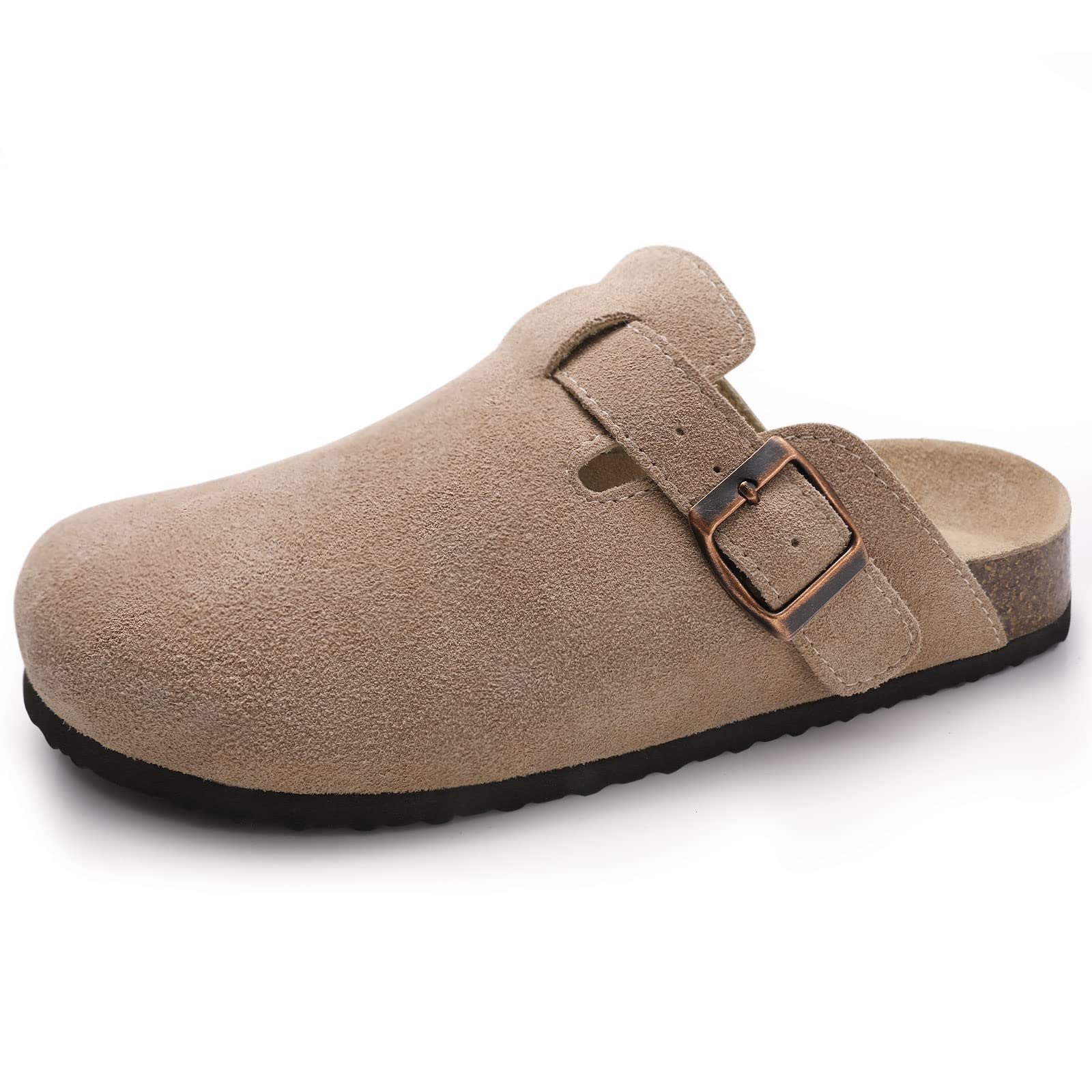 KIDMI Genuine Suede Clogs for Women Cork Footbed Sandals Leather Mules Potato Shoes with Arch Support Taupe 41 (Size 9-9.5)