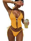 RoseSeek Women's 2 Piece Beaded Bikini Sets Halter Swimsuits Textured Backless Tie Side Bathing Suit Dark Yellow XS