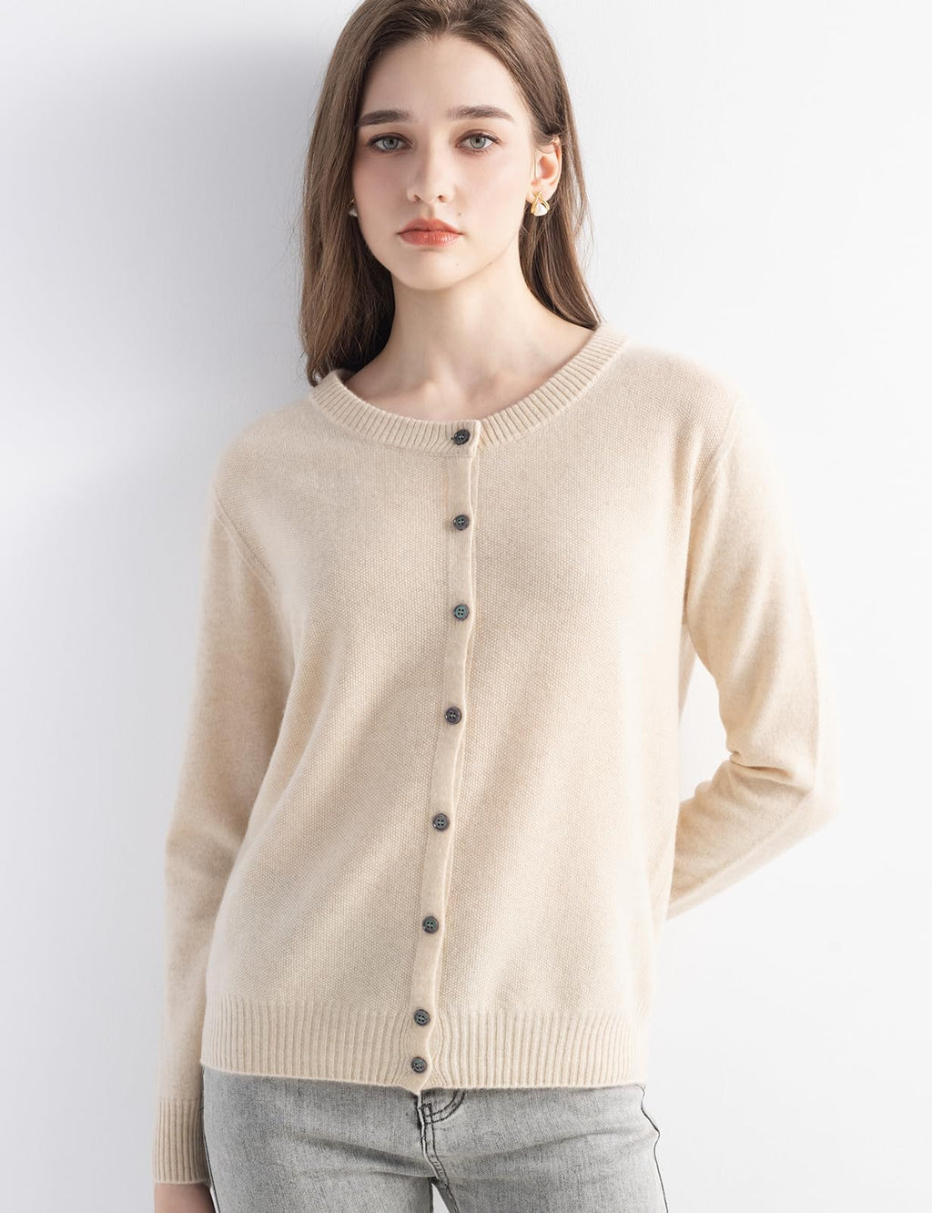 Chanyarn Women's 100% Pure Cashmere Cardigan Crew Neck Long Sleeve 2025 Fall Winter Warm Soft Knit Cardigan Sweater (Beige11002,M)