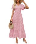Womens Boho Floral Maxi Dress Elegant Wrap V Neck Short Flutter Sleeve Flowy Tiered A Line Summer Beach Wedding Guest Dresses (US, Alpha, Large, Regular, Regular, Pink)