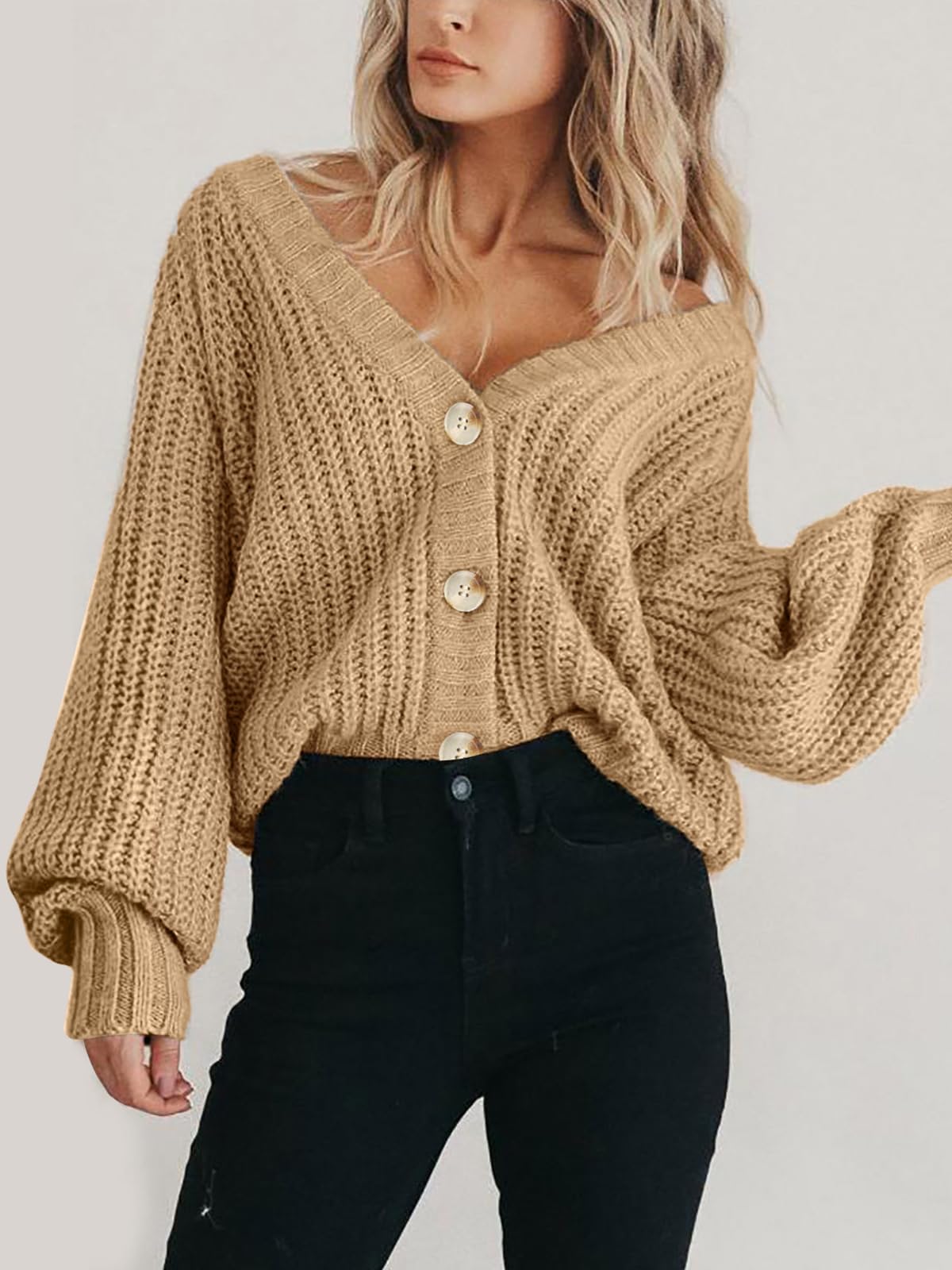 PRETTYGARDEN Long Sleeve Button Up Womens Sweaters Spring 2024 Open Front Plain Cardigans Sweaters Loose Soft Knit Coat Outerwear(Khaki,Medium)