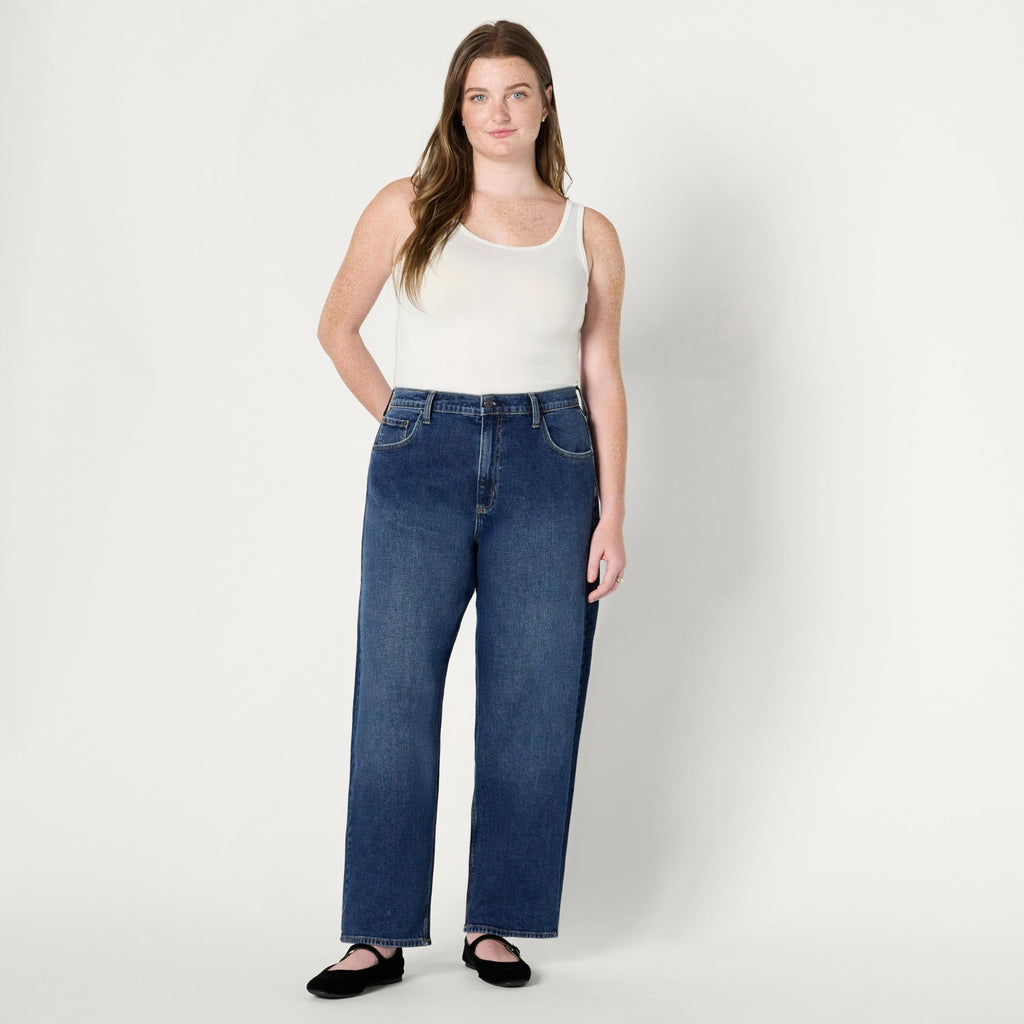Amazon Essentials Women's Women's Low Stretch High-Rise Barrel Leg Jean, Stone Dark Wash, 10