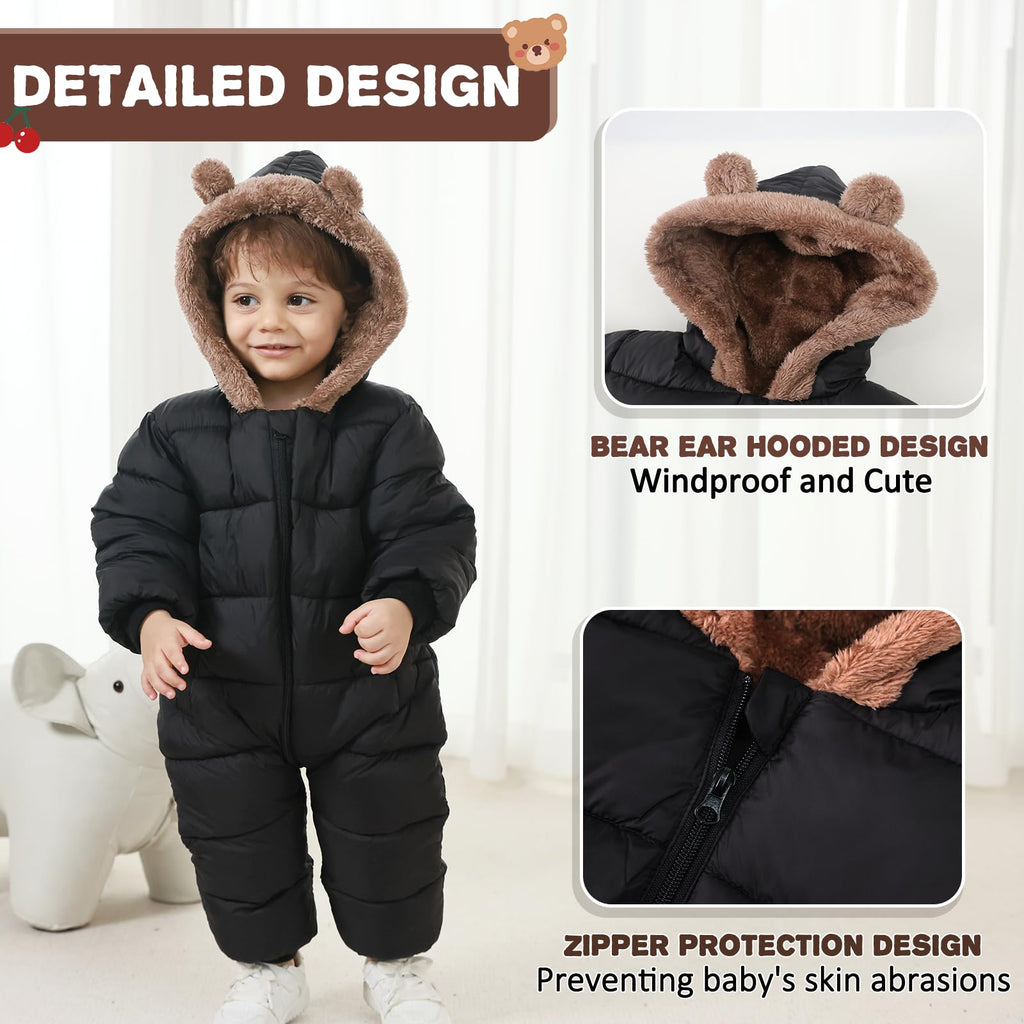 AiWMGL Baby Boys Girls Snowsuit 2T 3T Cute Toddler Infant Winter Clothes Suit Hooded Jumpsuit Romper Bear Outfit Infant Warm Coat Outwear Overcoat Black