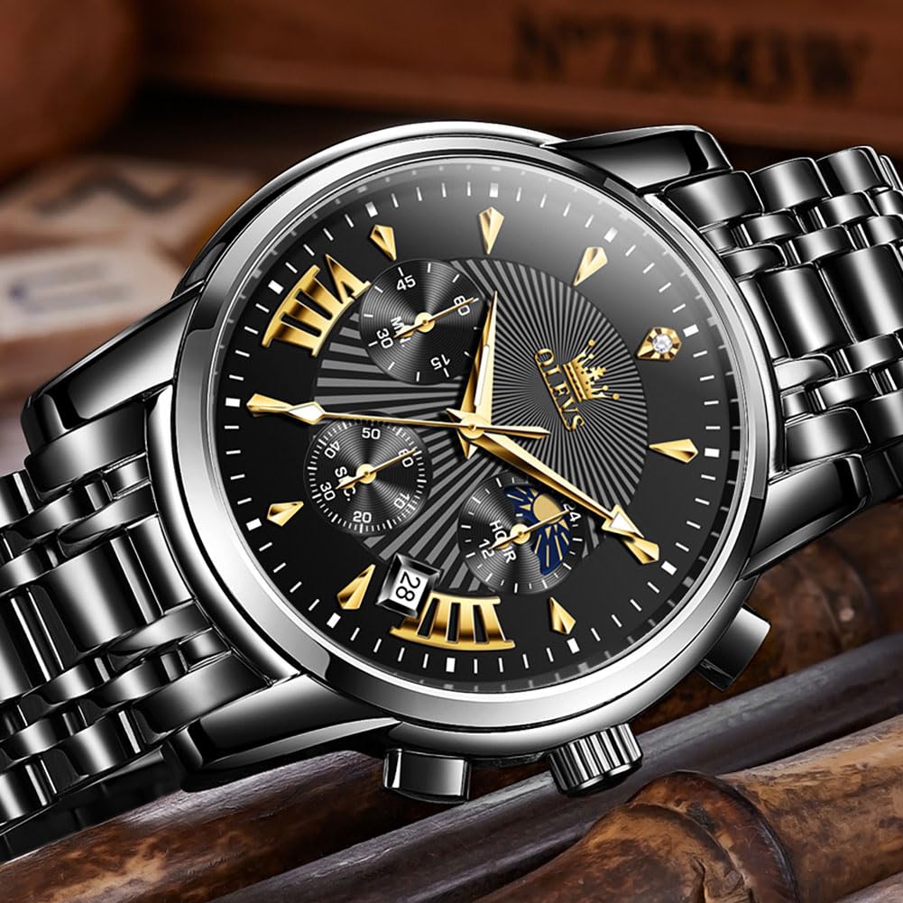 OLEVS Watch Men Black Watches for Men Chronograph Stainless Steel Mens Watches Big Face Classic Luxury Men's Wrist Watch with Date Luminous Waterproof Dress Analog Quartz Relojes para Hombres
