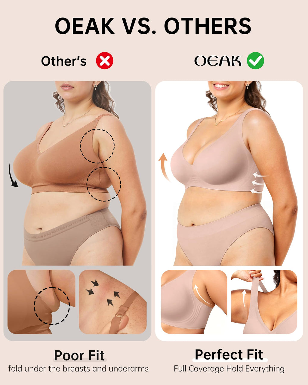 OEAK Womens Deep V Bras Wireless Comfortable Bra Supportive No Underwire Bras Tshirt Push Up Bralettes Plunge Seamless Bra Nude M