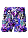 WDIRARA Men's Cartoon Skull Print Swim Trunks Drawstring Elastic Waist Beach Shorts Violet Purple Large