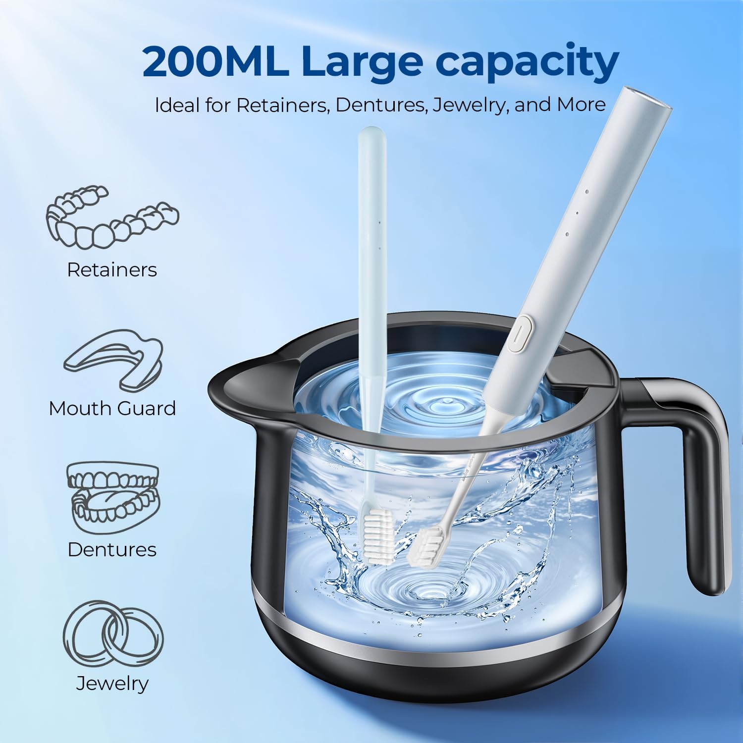 GYNHD Dental Ultrasonic Retainer Cleaner Machine: Dental Cleaning Pod for Denture/Mouth Guard/Aligner/Night Guard/Braces/Toothbrush Heads/Jewelry - 45kHz Retainer Cleaner with Digital Timer & 200ML