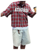 GORGLITTER Men's Y2K Cropped Shirt Button Up Plaid Jersey Graphic Short Sleeve Collared Boxy Cool Streetwear Crop Tops Red Small