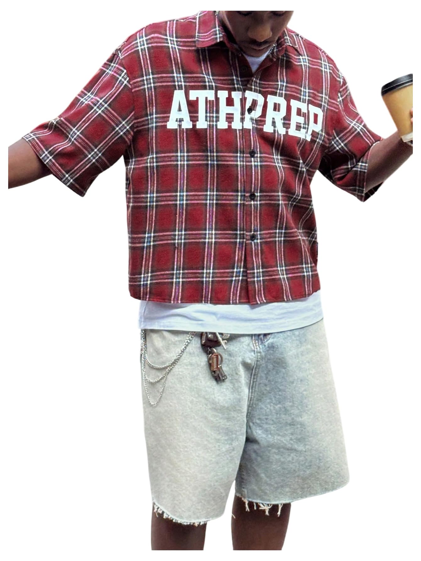 GORGLITTER Men's Y2K Cropped Shirt Button Up Plaid Jersey Graphic Short Sleeve Collared Boxy Cool Streetwear Crop Tops Red Small
