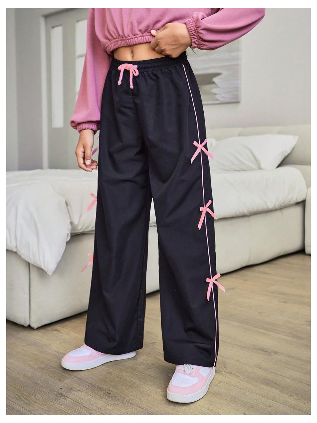WDIRARA Girl's Bow Side Waist Track Pants Cute Wide Leg Trousers Black 11Y
