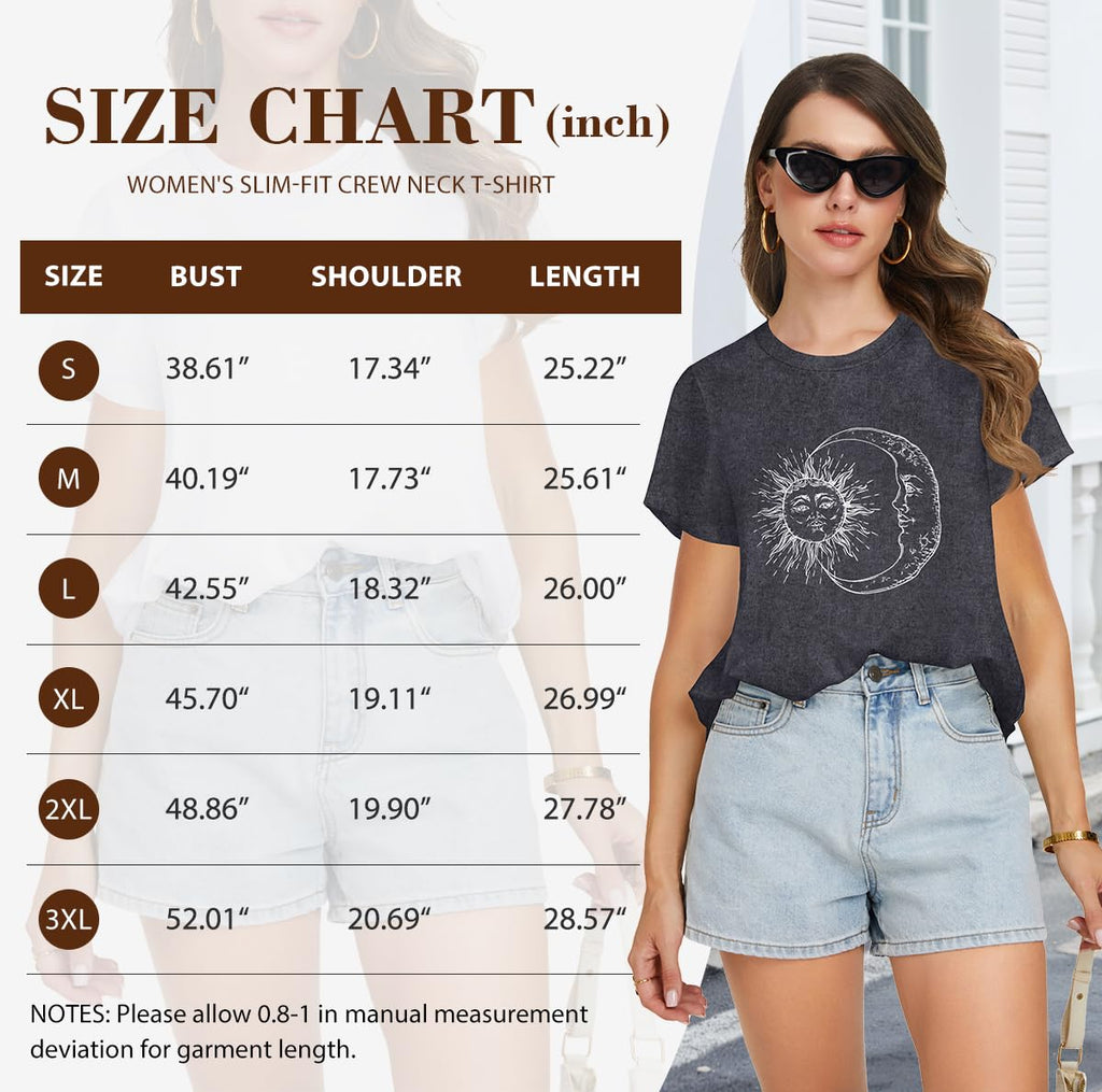 T Shirts for Women Summer Short Sleeve Crewneck Casual Cute Graphic Basic Tees Tops, Deep Grey Moon, L