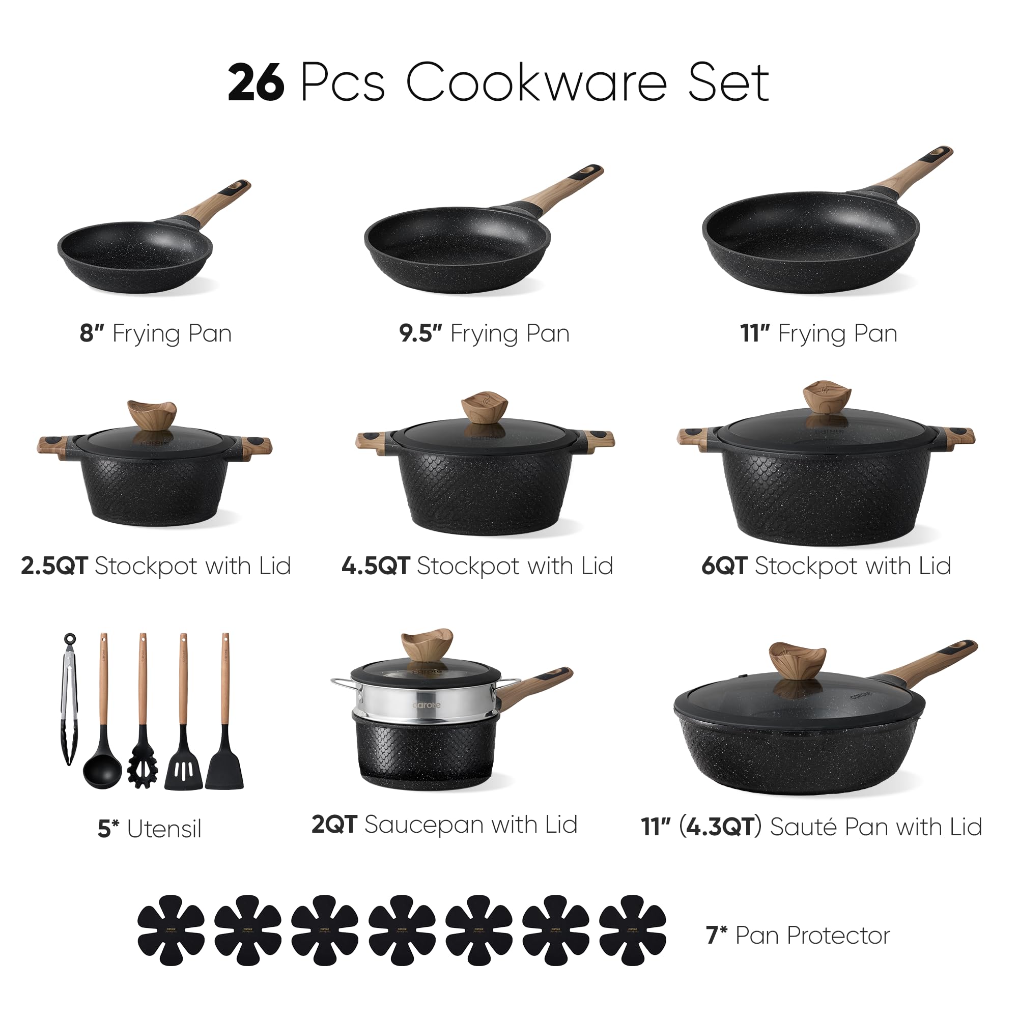 CAROTE 26PCS Pots and Pans Set Non Stick, Cookware Set Pots and Pans Induction Cook Ware, Nonstick Kitchen Cooking, PFOA Free, Black