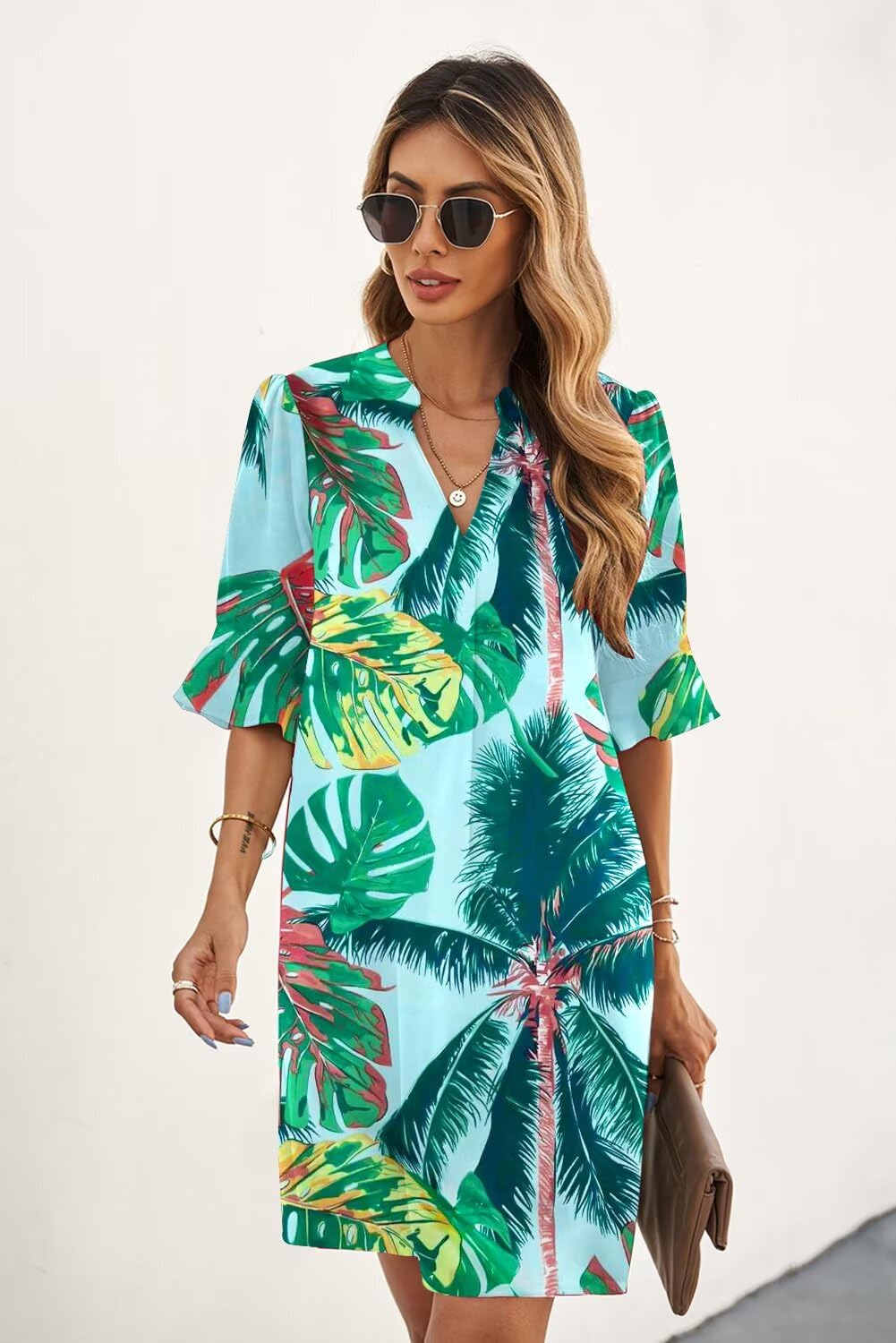 QACOHU Women's V-Neck Ruffle Short Sleeve Simple Summer New Dress Floral Print Shift Dresses Green Leaf L