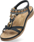 Littleplum Womens Sandals Arch Support Bohemian T-Strap Flower Rhinestone Sandals Women's Non Slip Summer Beach Flat Sandals Black Size 8