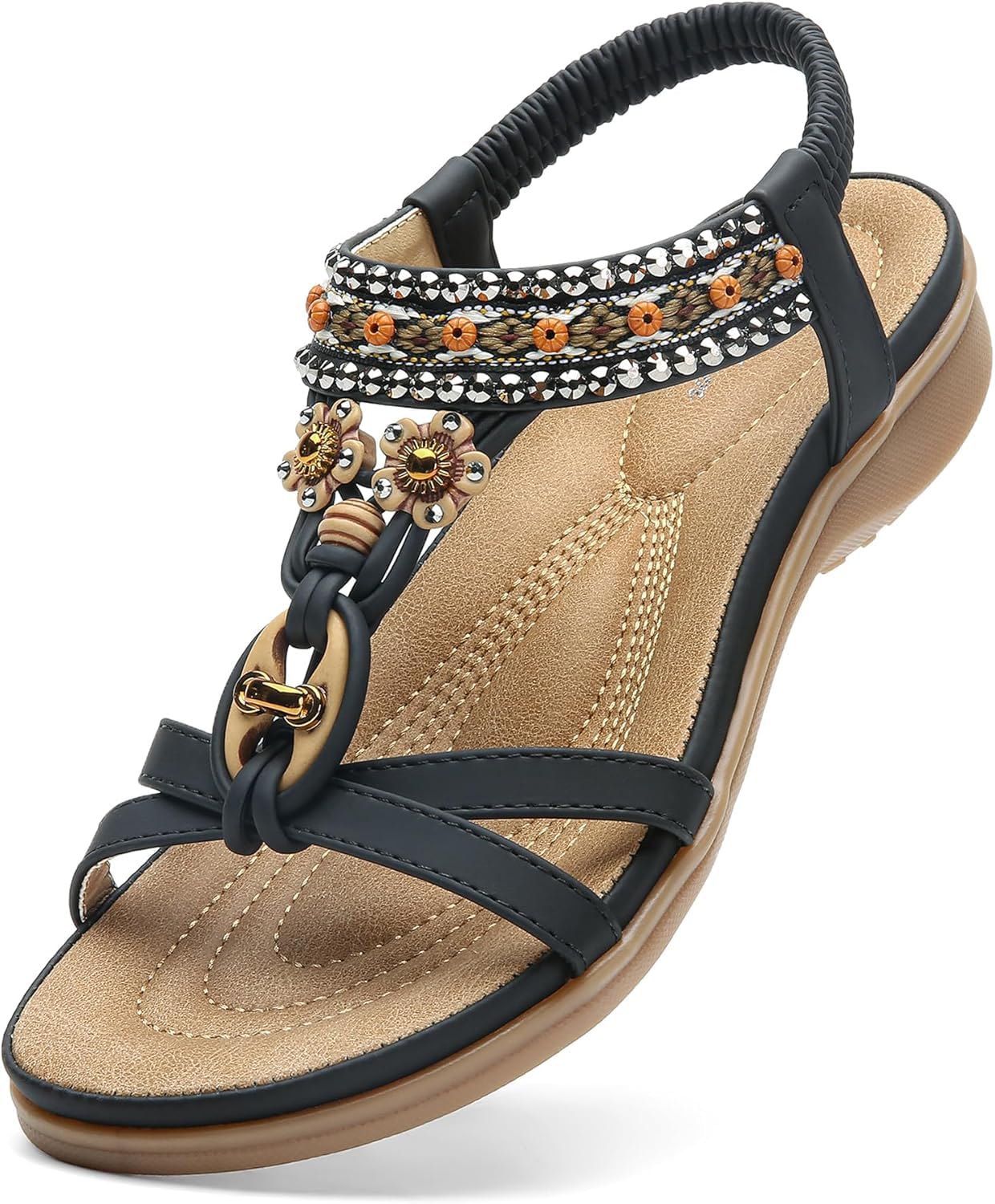 Littleplum Womens Sandals Arch Support Bohemian T-Strap Flower Rhinestone Sandals Women's Non Slip Summer Beach Flat Sandals Black Size 8