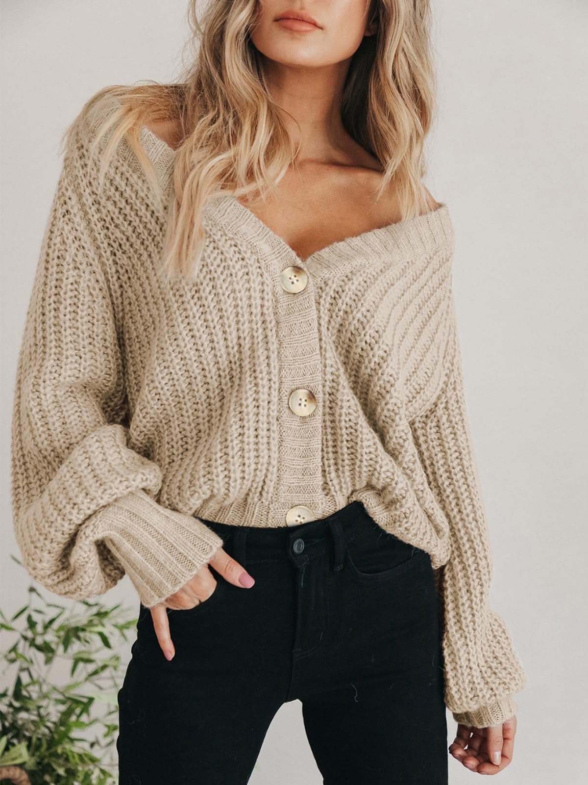 PRETTYGARDEN Women's Chunky Knit Open Front Sweater Long Sleeve Button Loose Short Cardigan Outerwear Coats (Apricot,Large)