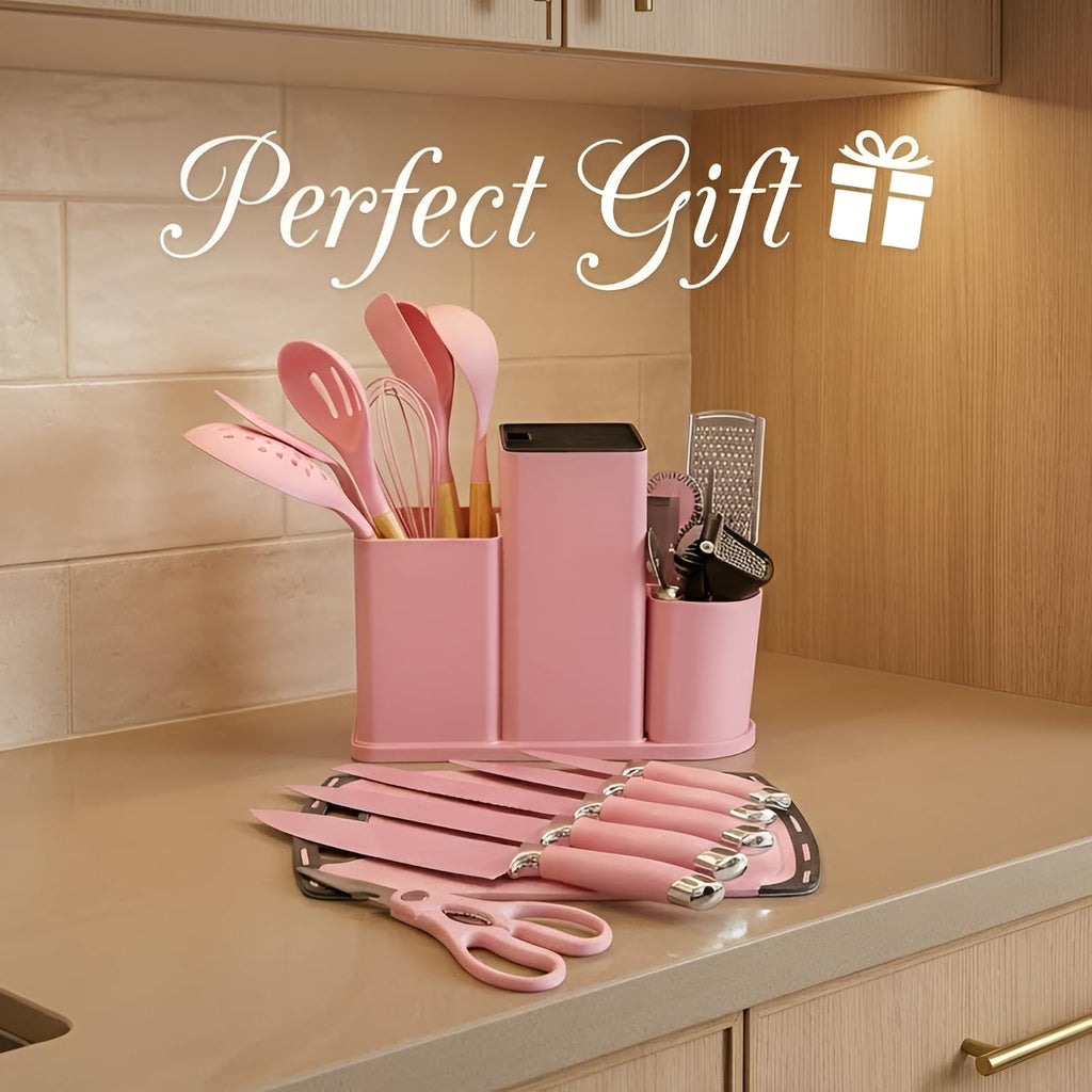 DANFFI 20-Piece Pink Kitchen Utensil Set – Silicone Cooking Tools with Wooden Handles, Knife & Scissor Set, Cutting Board, Grater & More – Non-Stick, BPA-Free Kitchen Gift Set