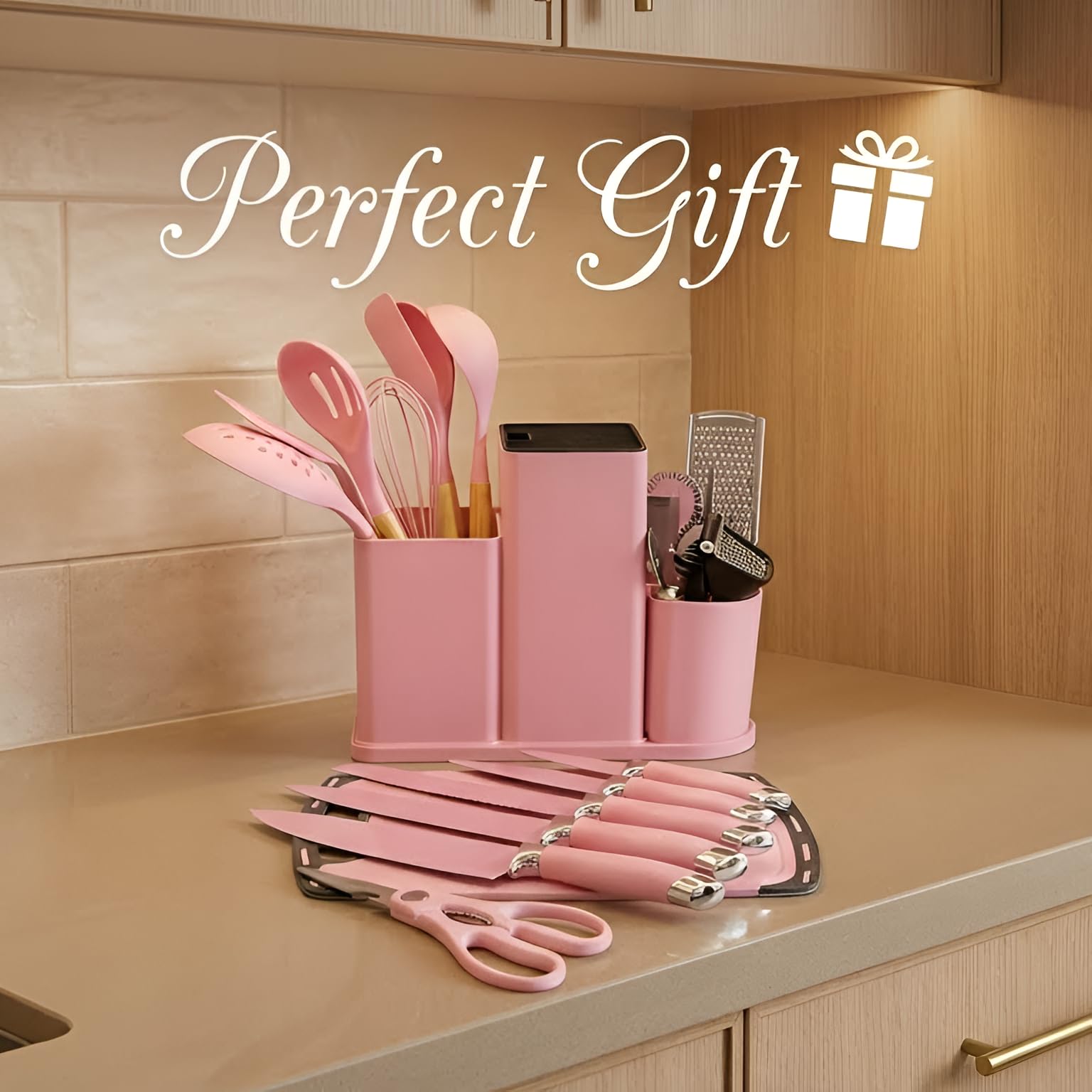 DANFFI 20-Piece Pink Kitchen Utensil Set – Silicone Cooking Tools with Wooden Handles, Knife & Scissor Set, Cutting Board, Grater & More – Non-Stick, BPA-Free Kitchen Gift Set