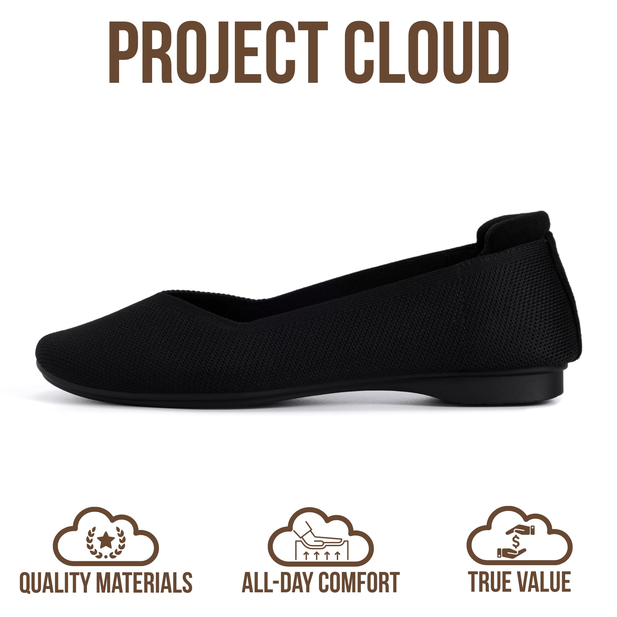Project Cloud Womens Flats - Memory Foam Insole Ballet Flats for Women Footwear - Non Slip and Lightweight Comfortable Shoes for Women 2026 (Prospect-BLKKN,7.5M) Black Knit