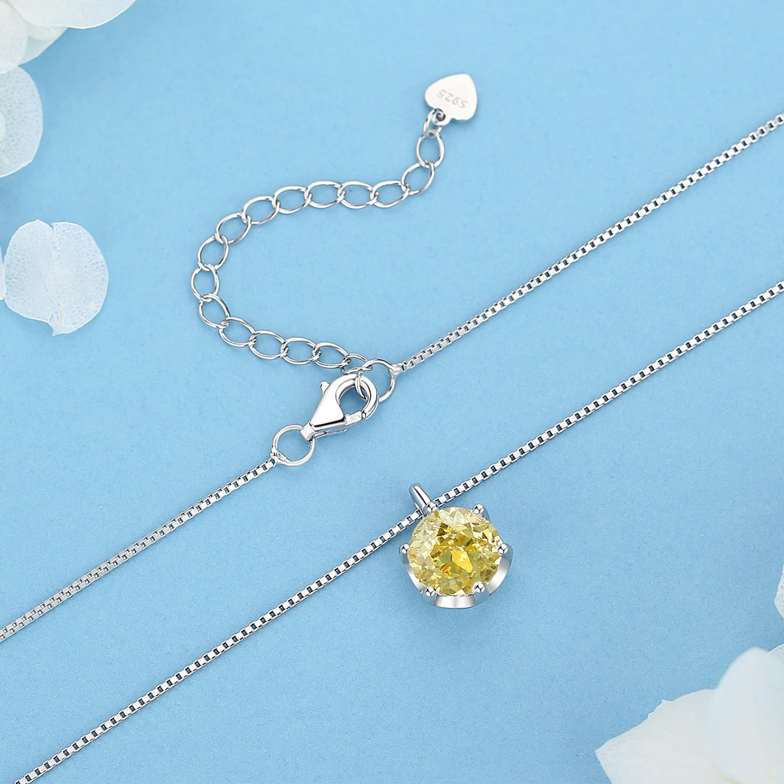 ALQDLI 925 Sterling Silver Necklaces for Women, 2Ct Round Cut 8MM Yellow CZ 5A Cubic Zirconia Pendant 18"+2" Perfect Jewelry Gifts for Christmas Birthday Mothers Day