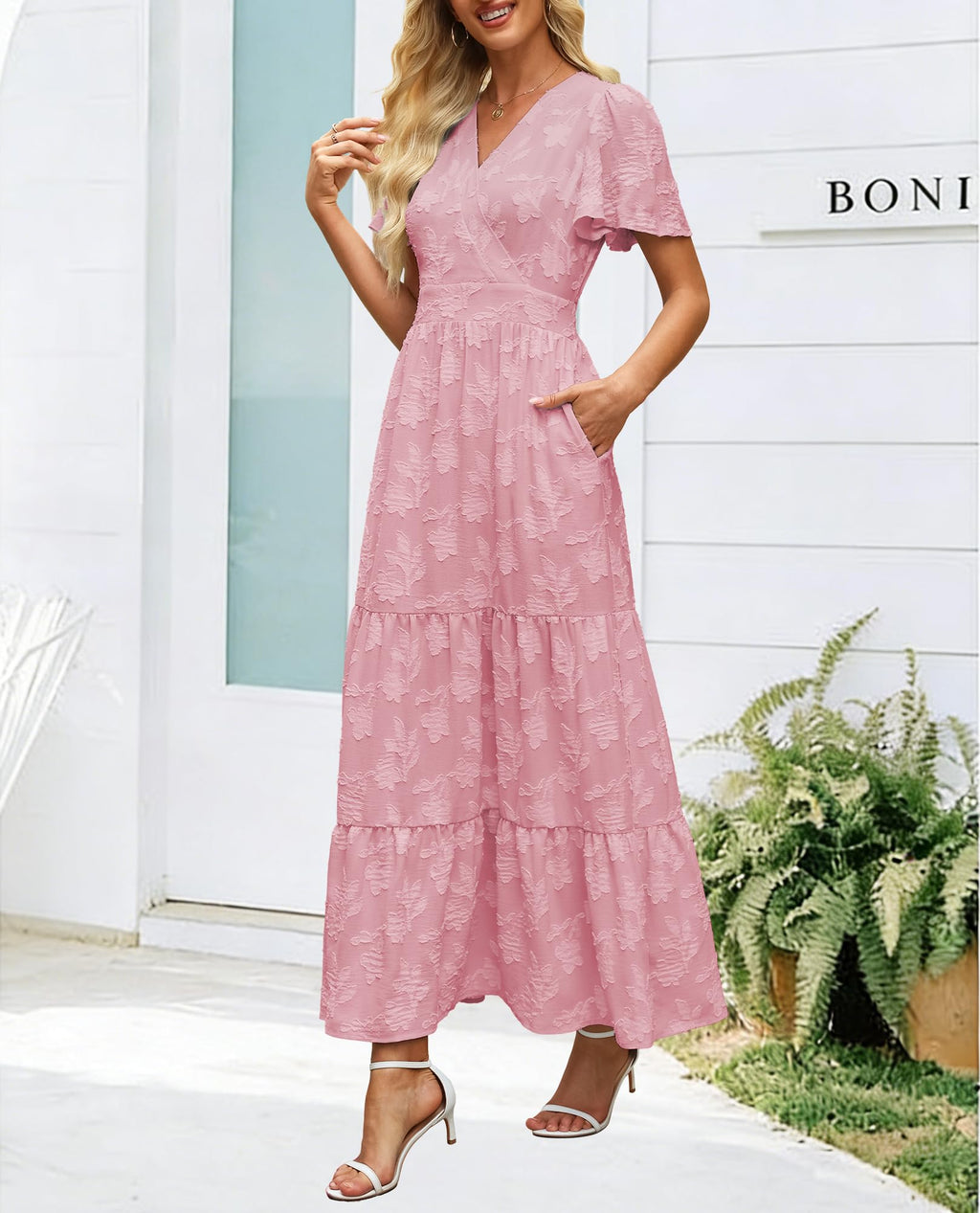 Womens Boho Floral Maxi Dress Elegant Wrap V Neck Short Flutter Sleeve Flowy Tiered A Line Summer Beach Wedding Guest Dresses (US, Alpha, Large, Regular, Regular, Pink)