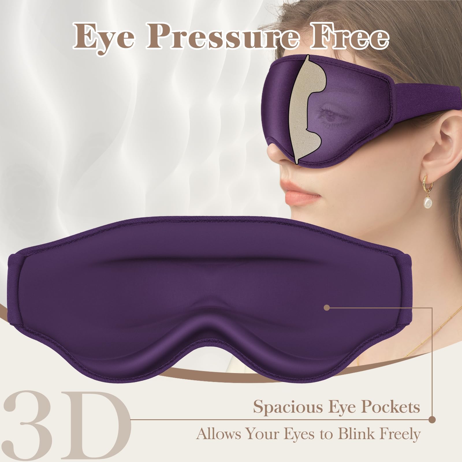 Fygrip 3D Eye Mask Sleep Mask for Men & Women, 100% Pressure-Free & Light Block-Out Eye Mask for Sleep with Easy Adjustable Strap, Night Eye Cover for Travel, Purple