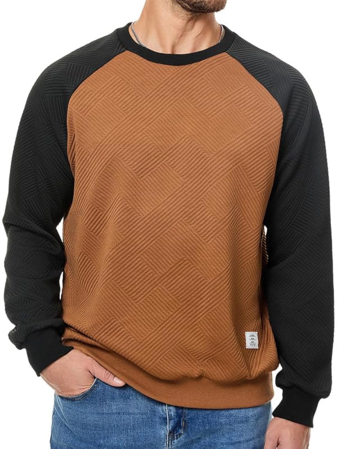 Dokotoo Men Mens Fashion Sweatshirts Fall Winter Patchwork Long Sleeve Patchwork Lightweight Casual Crewneck Pullover Sweatshirts Brown X-Large