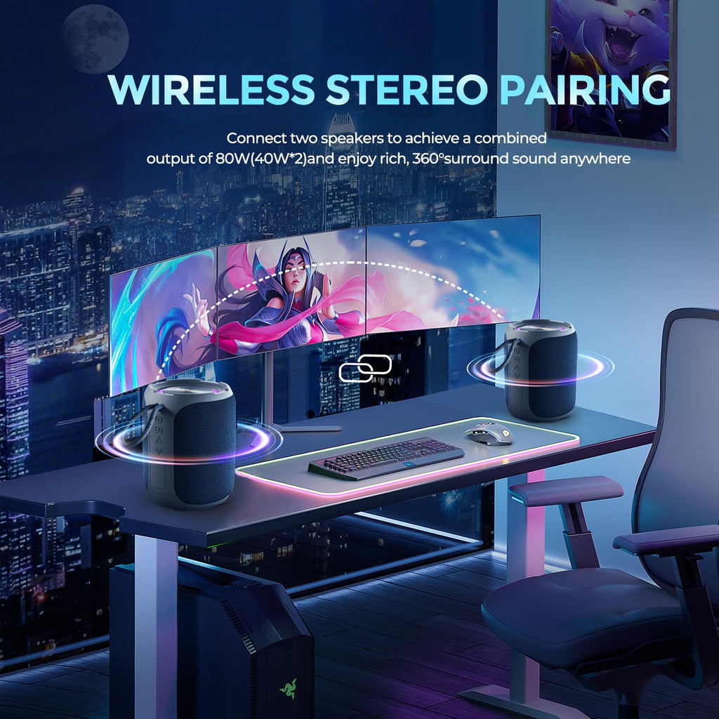 YEAHBOX Portable Bluetooth Speaker, Bluetooth 5.3 40W Wireless Stereo with Deep Bass, RGB Lights, IPX7 Waterproof, Long-Lasting Battery, TWS Pairing for Outdoor, Party, Shower & Home