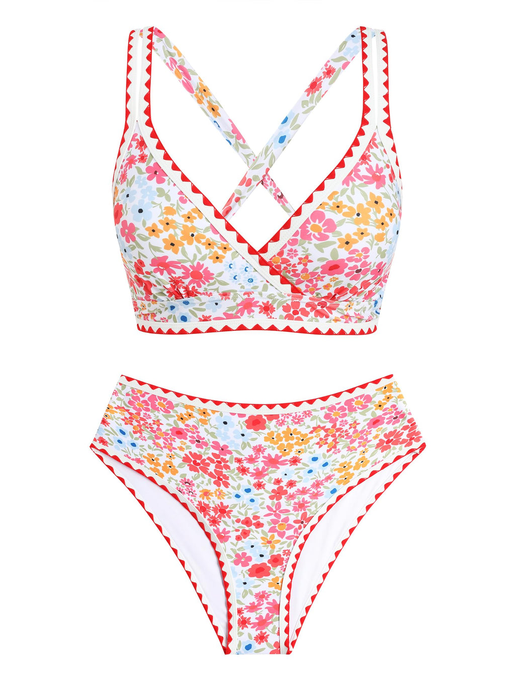 ZAFUL Womens High Waisted Bikini Sets Floral Print Whip Stitch Two Piece Swimsuit Crisscross Tie Back Bathing Suits 2026 Red Large