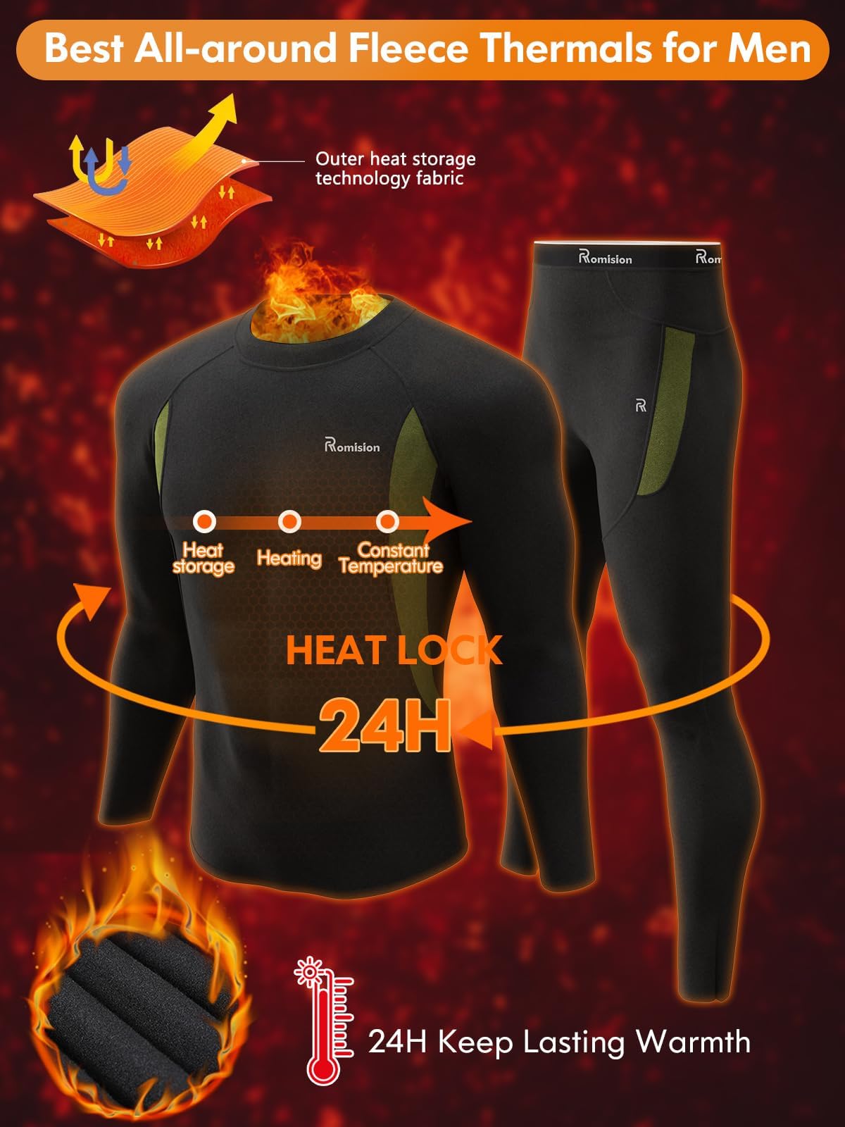 romision Thermal Underwear Long Johns for Men Fleece Lined Base Layer Cold Weather Hunting Gear Bottom and Top Set