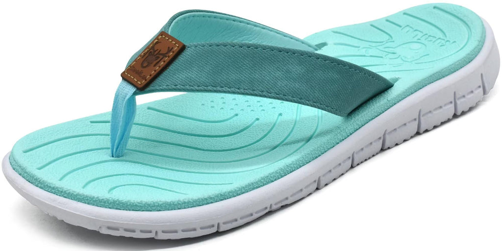 KuaiLu Casual Flip Flops for Women Comfortable Yoga Mat Arch Support Cushion Leather Slides Summer Beach Pool Outfits Flats Walking Thong Sandals Travel Essentials Orthotic Shoes Lake Blue Size 8