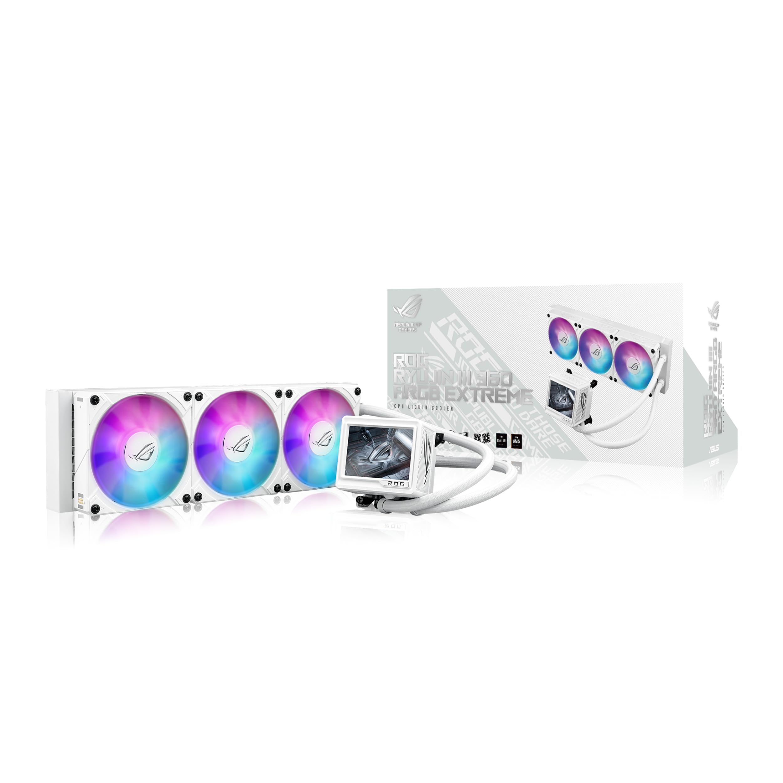 ASUS ROG RYUJIN III 360 ARGB EXTREME White Edition all-in-one AIO CPU liquid cooler, AMD Ryzen 9000 & Intel® Core™ Ultra Ready, Asetek Gen8 V2 pump;high airflow static pressure magnetic fans; 3.5" LCD