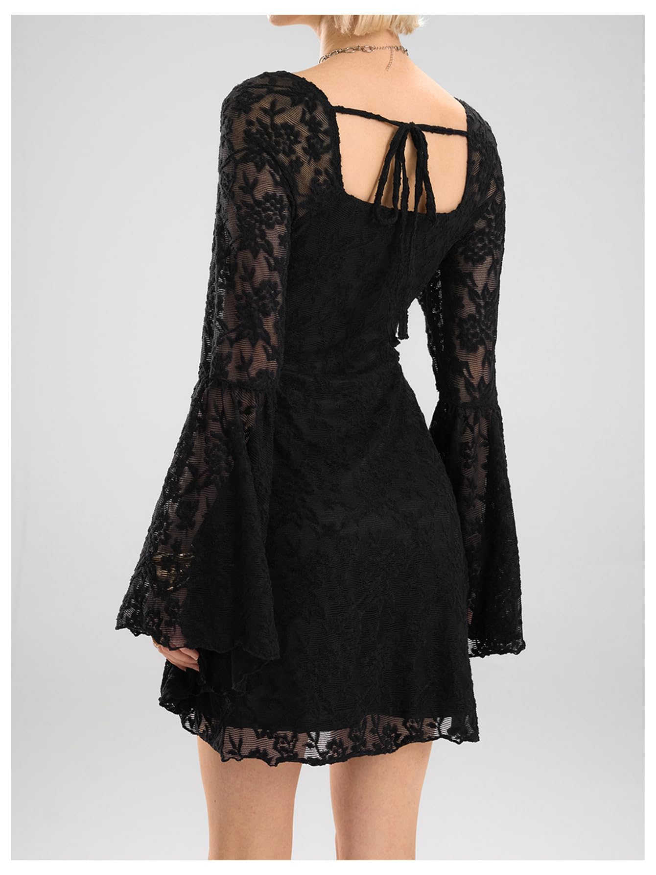 WDIRARA Women's Floral Jacquard Mesh Gothic Dress Bell Long Sleeve A Line Vintage Dresses Deep Black Medium