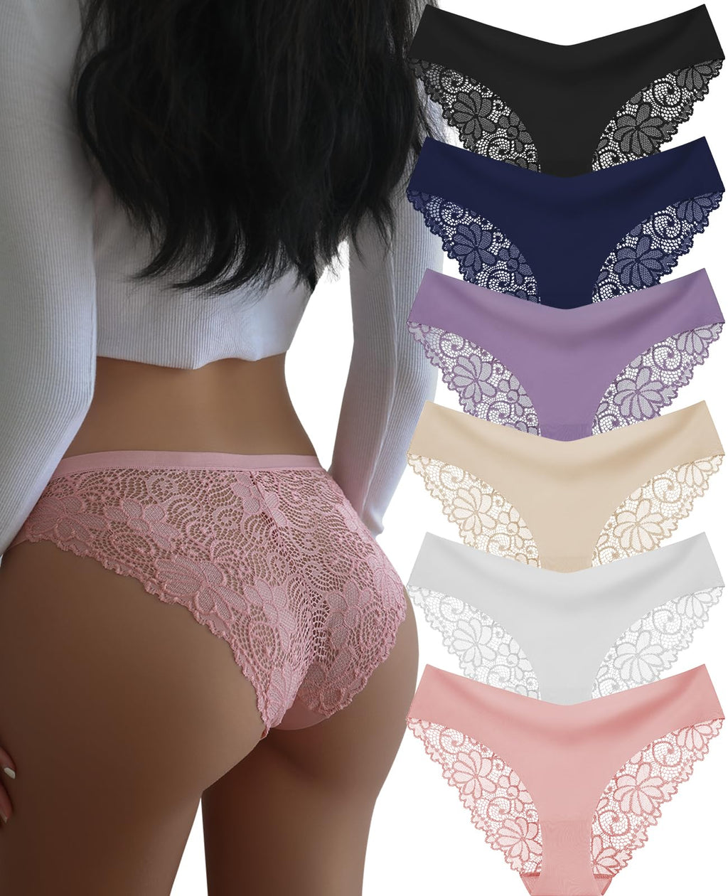 DHFBABY Sexy Cheeky Womens Underwear Comfortable Seamless Panties Luxurious Lace Bikini Briefs (US, Alpha, Medium, Regular, Regular, A-6 Pack-6 Color)