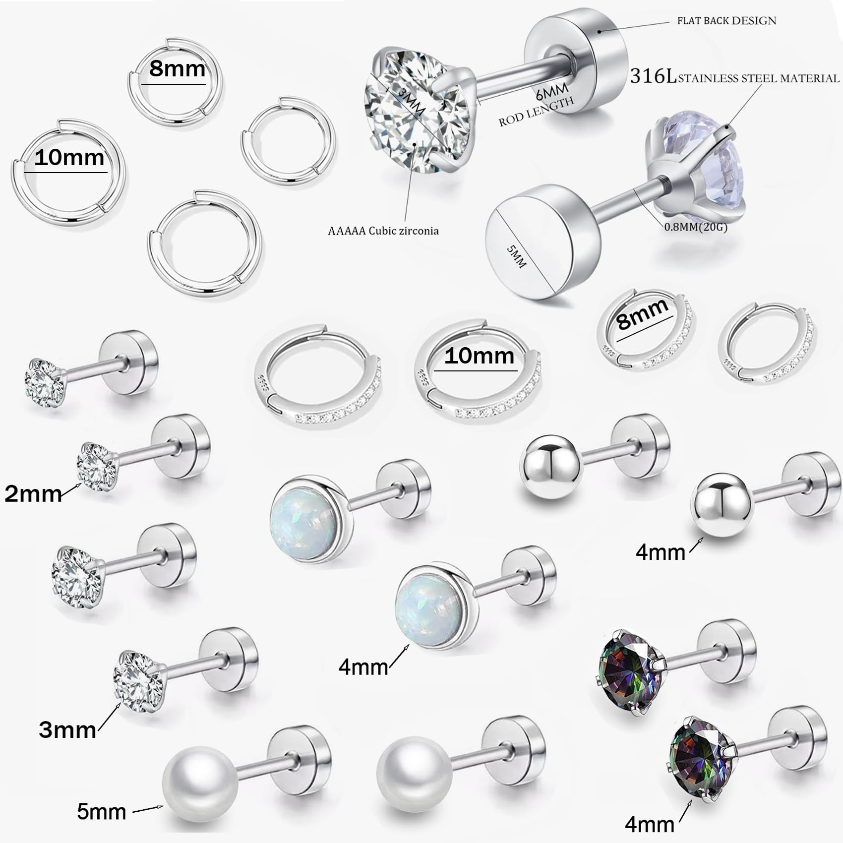 Hypoallergenic Flat Back Earring Sets for Multiple Piercing Sterling Silver Small Huggie Hoop Earrings for Women Surgical Stainless Steel FlatBack Silver Stud Earrings Trendy Cartilage Earring Stacks