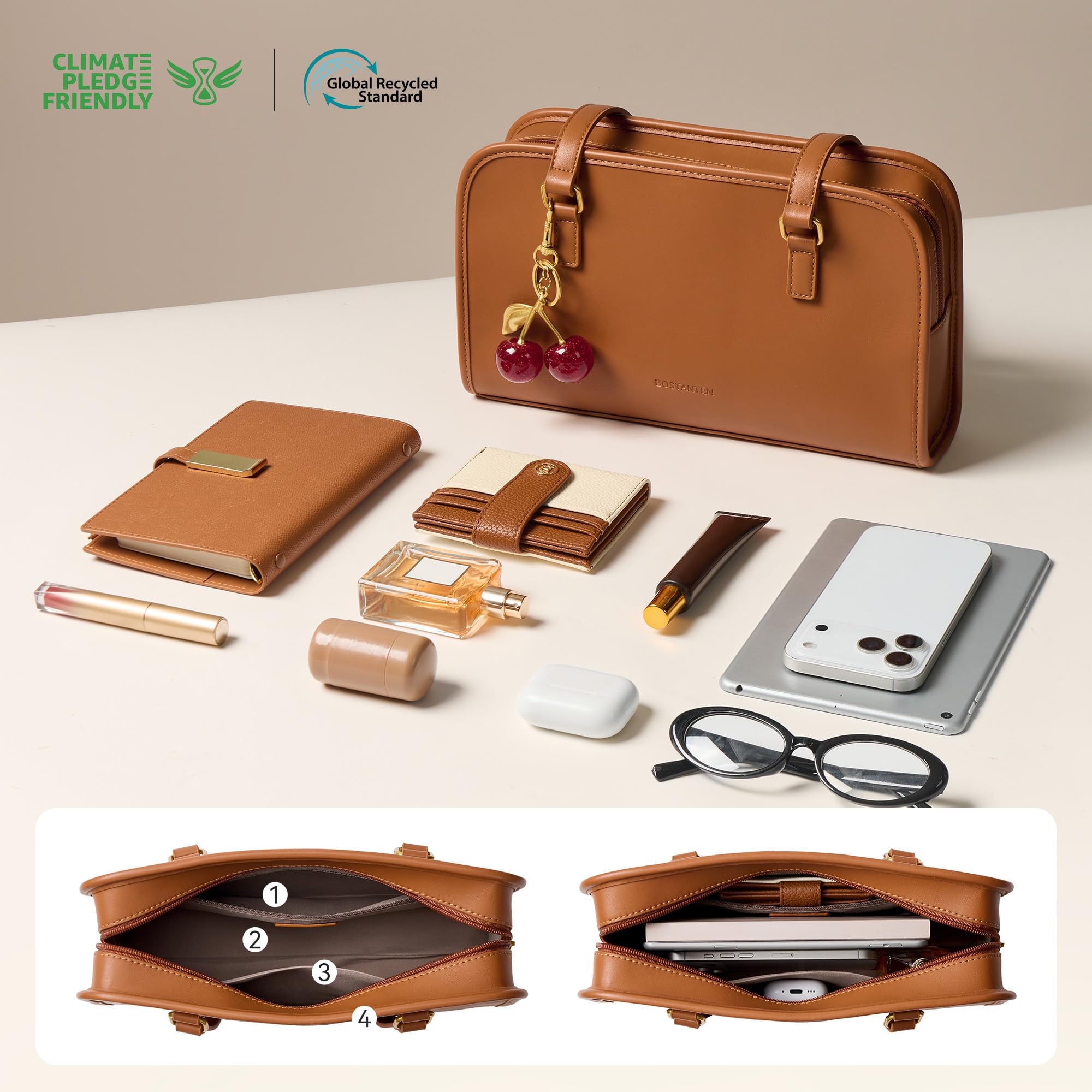 BOSTANTEN Shoulder Bag for Women Vegan Leather Purse with Cherry Charm Medium Handbag with Zipper for Daily Use, Brown