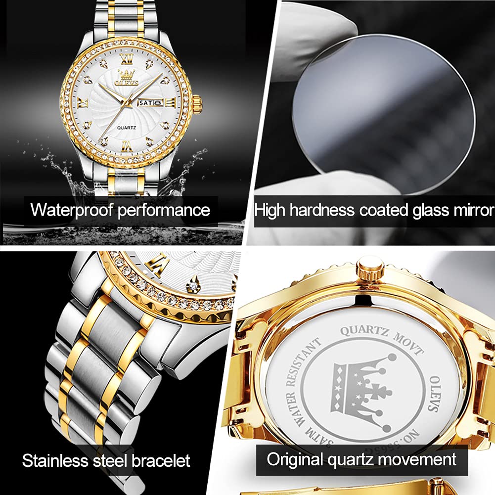 OLEVS Watch for Men Silver Stainless Steel Diamond Male Watches Analog Quartz Luminous Date Day Mens Watch Gift